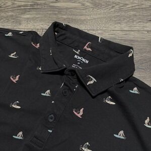Bonobos Polo Shirt Mens Medium Black Surfer Graphic Slim Fit Allover Print